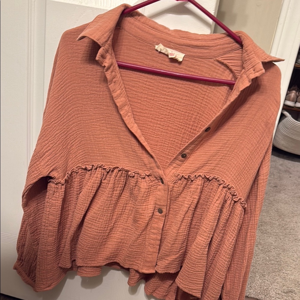 Peach Love California Dusty Pink V-Neck Ruffled Blouse